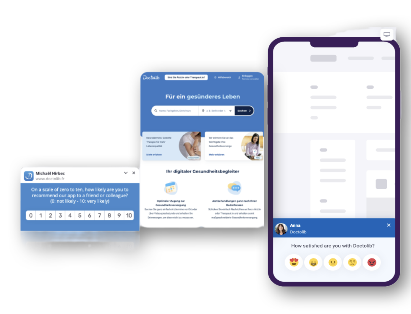 Examples of Screeb surveys embedded in Doctolib products: an NPS on desktop, the Doctolib homepage in Germany, and an emoji satisfaction survey on the mobile app