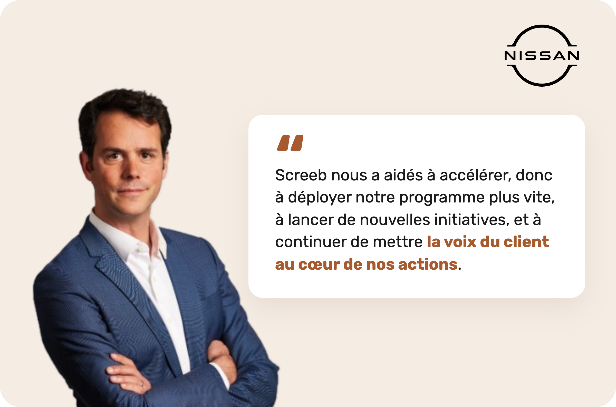 Nissan x Screeb : visuel de présentation du cas client, mettant en avant le programme Voice of the Customer déployé sur le site Nissan