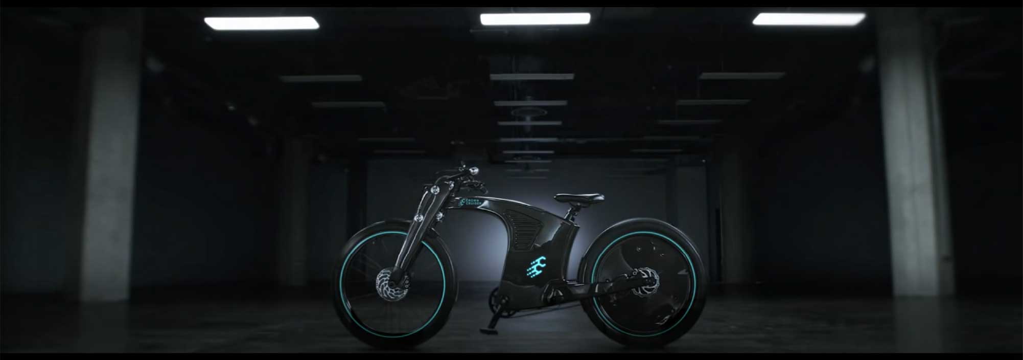 Side view hero shot of the crown cruiser electric bike in a well lit stylish warehouse