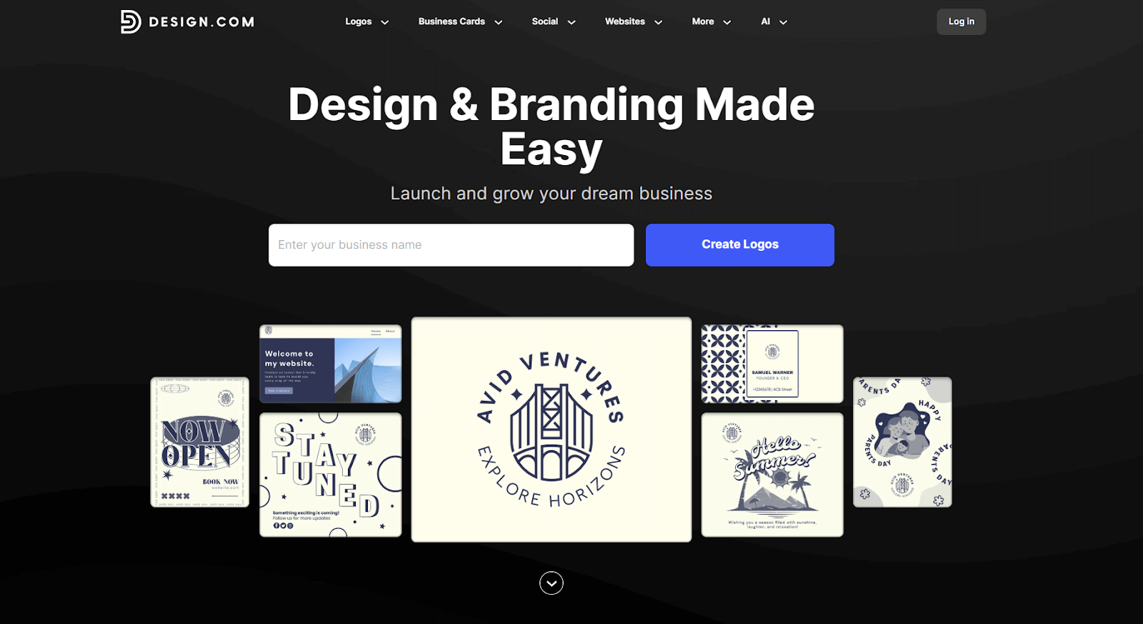Generate your logo, business cards, website and social designs in seconds.