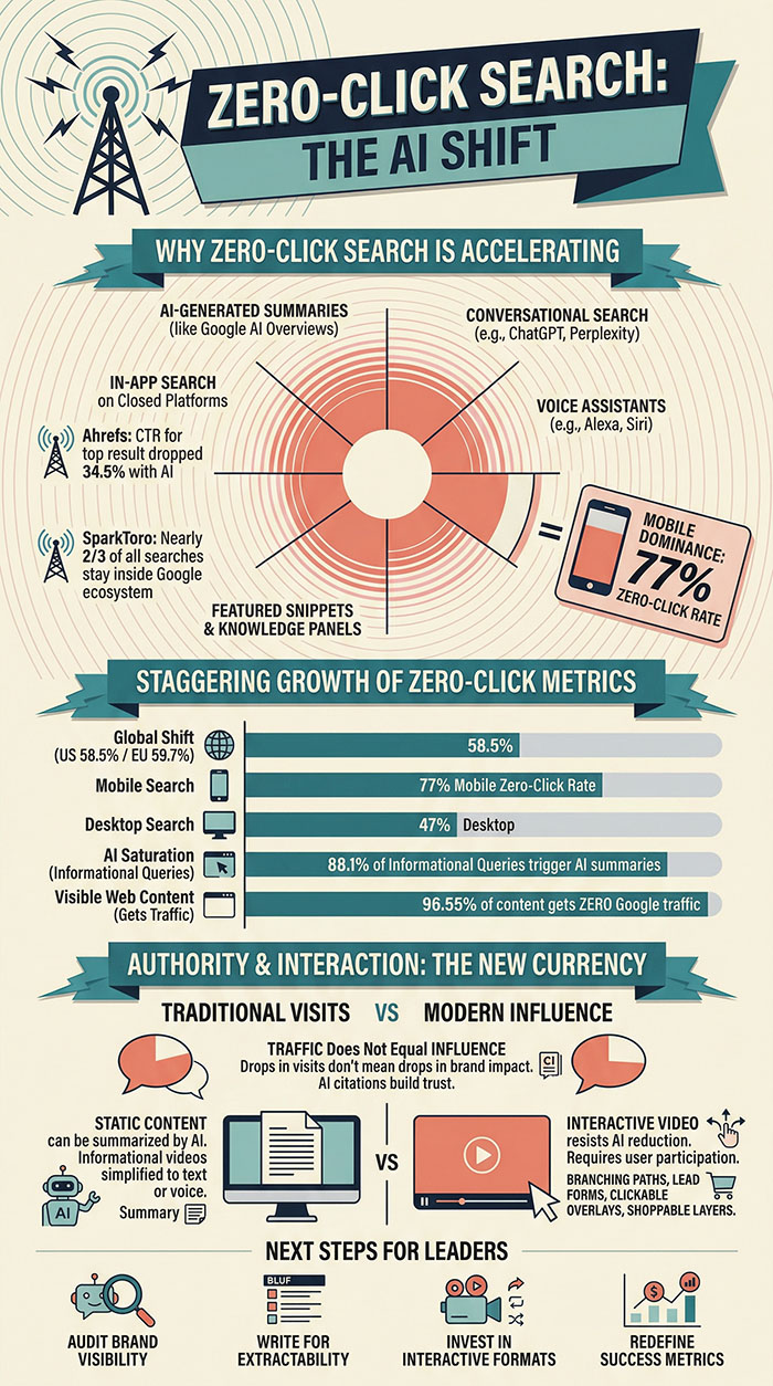 An infographic breaking down the zero-click search shift. It highlights key statistics like 88.1% of informational queries triggering AI summaries, and outlines a four-step action plan for leaders: audit visibility, write for extractability, invest in interactive formats, and redefine success metrics.