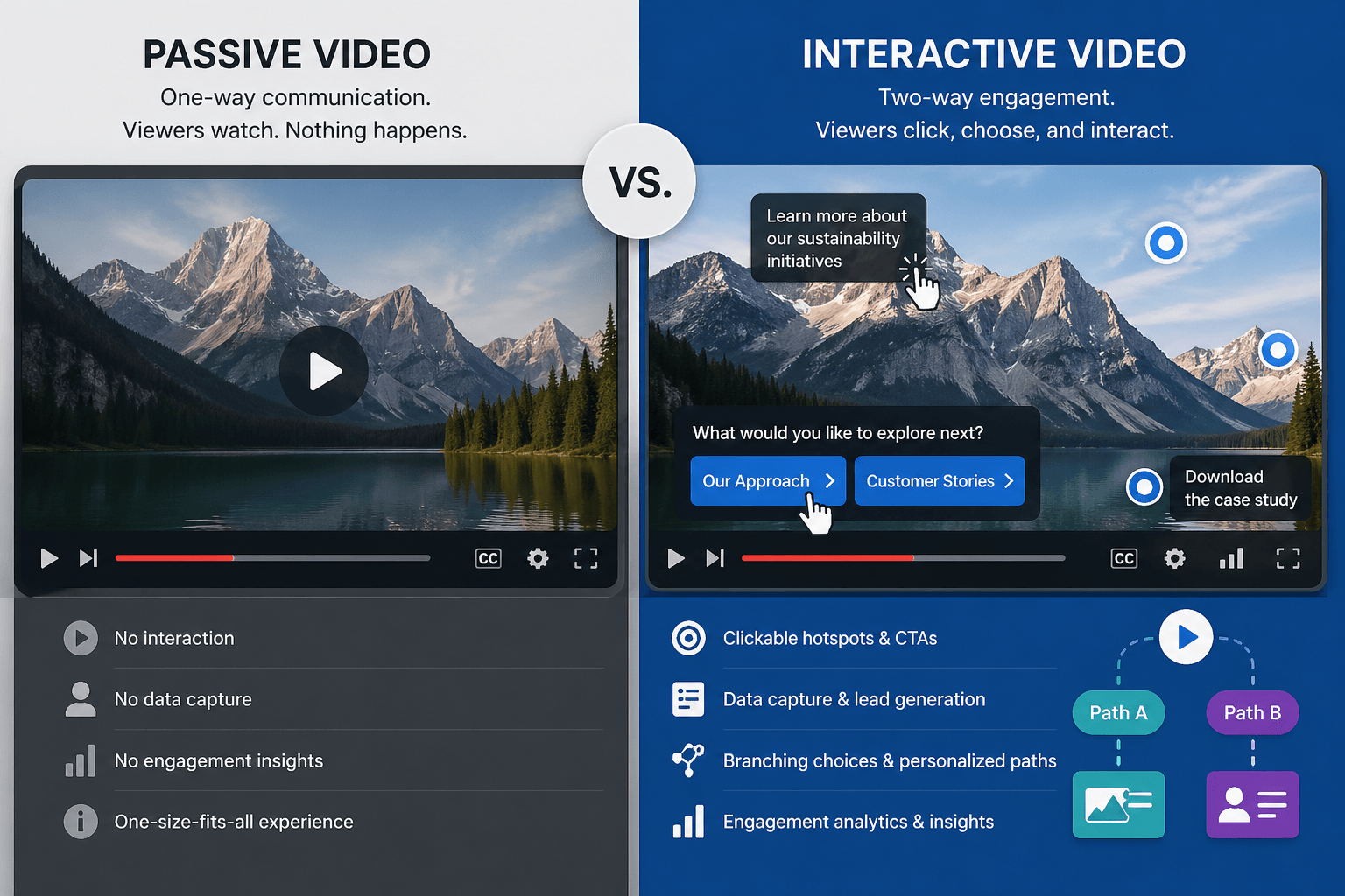 Side-by-side comparison of a passive video player and an interactive video interface with clickable hotspots, call-to-action buttons, and branching choices.