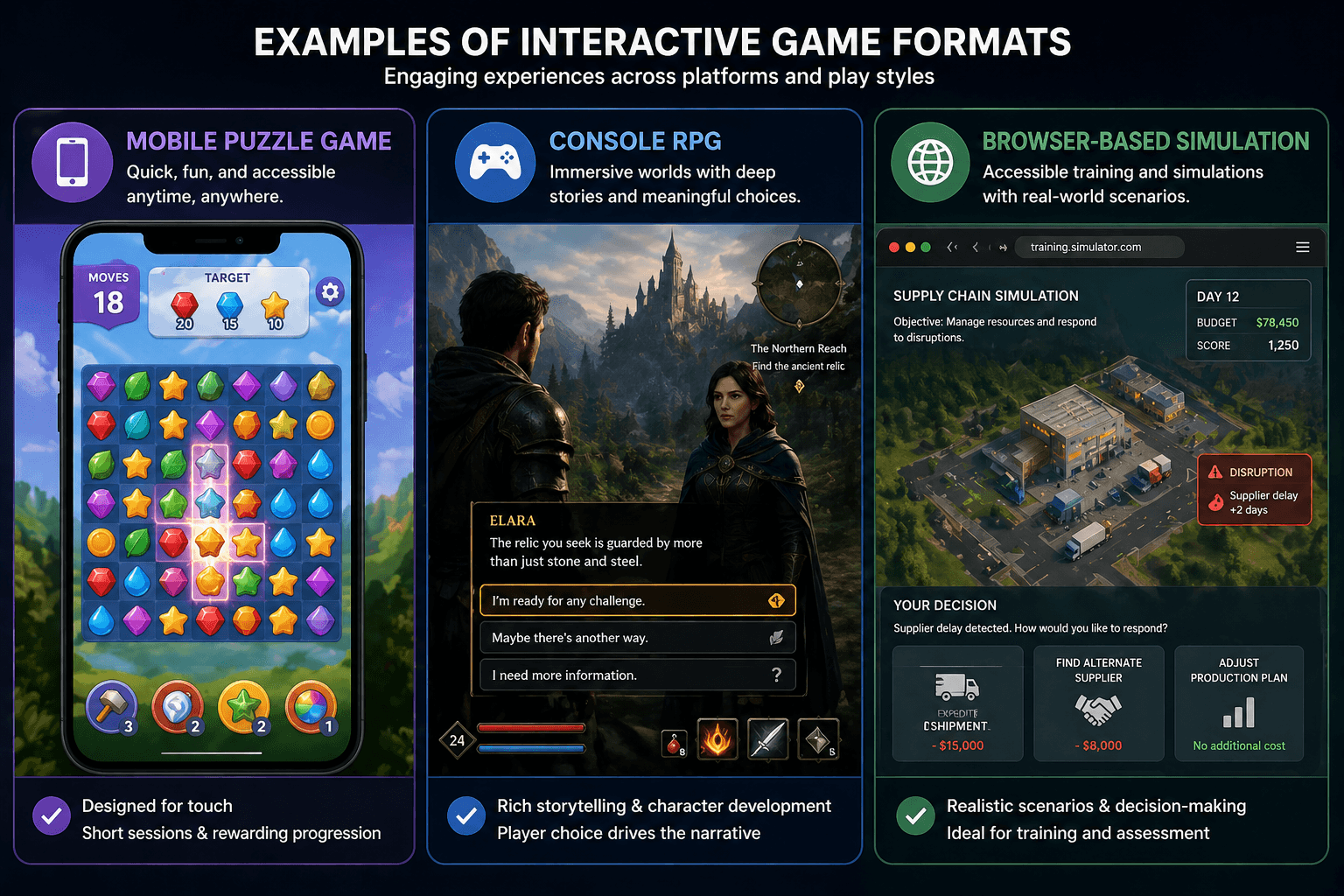 Screenshot montage showing three video game formats: a mobile puzzle game, a console RPG with dialogue choices, and a browser-based interactive training simulation.