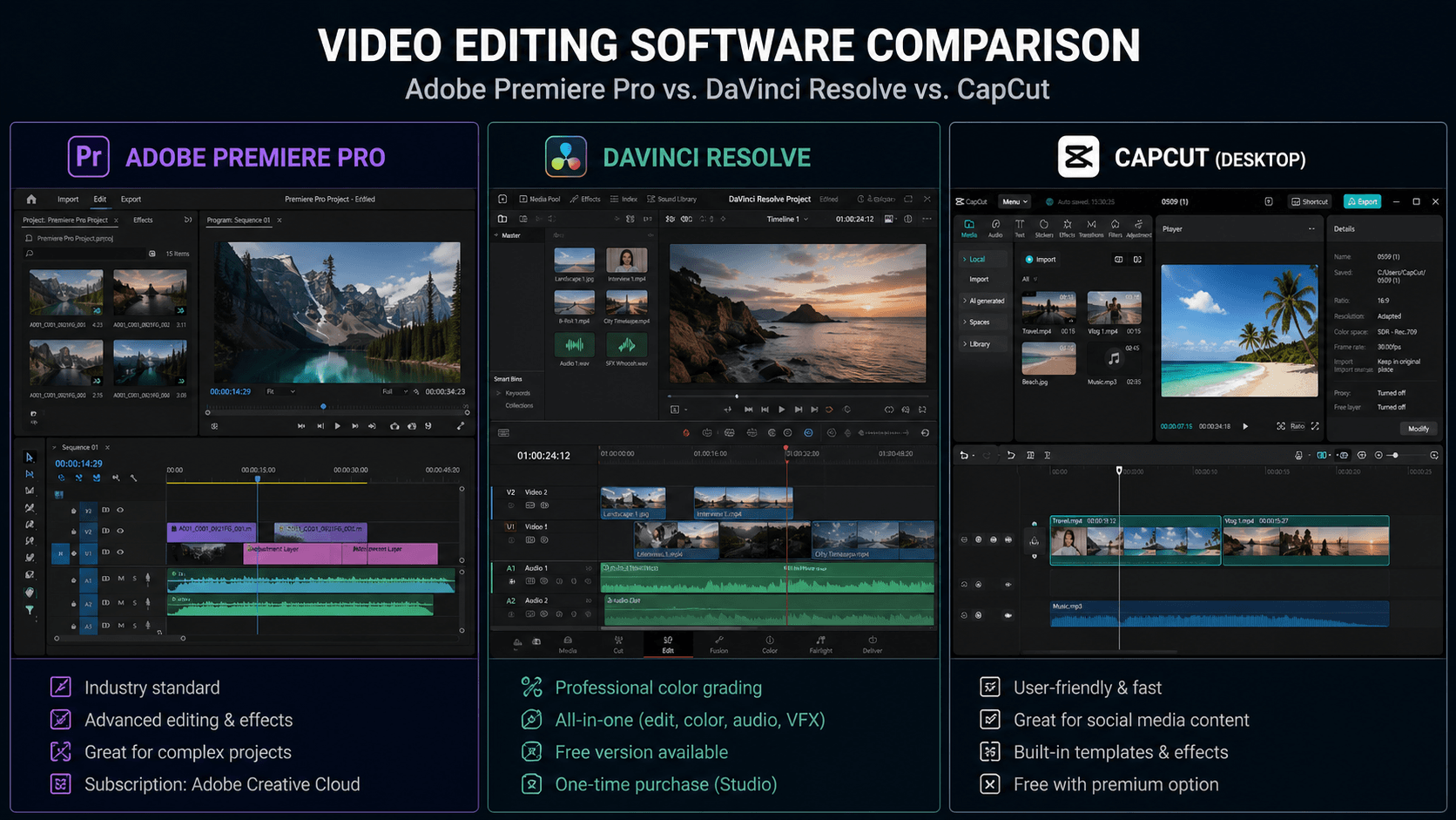 Side-by-side screenshots of Adobe Premiere Pro, DaVinci Resolve, and CapCut video editing interfaces.
