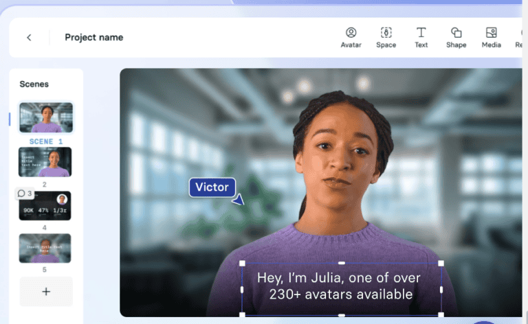 ynthesia AI video creation platform showing script-to-video editor with AI avatar selection panel and multilingual voiceover settings