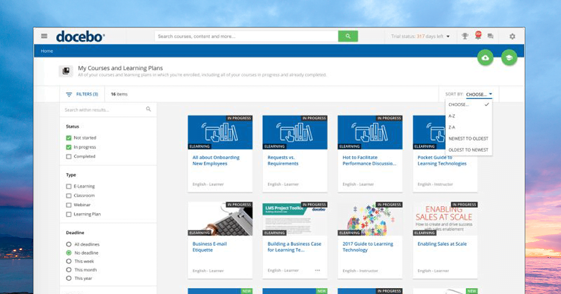 ocebo AI-first LMS dashboard showing personalized learning path recommendations, skills gap tracker, and course completion progress across multiple teams