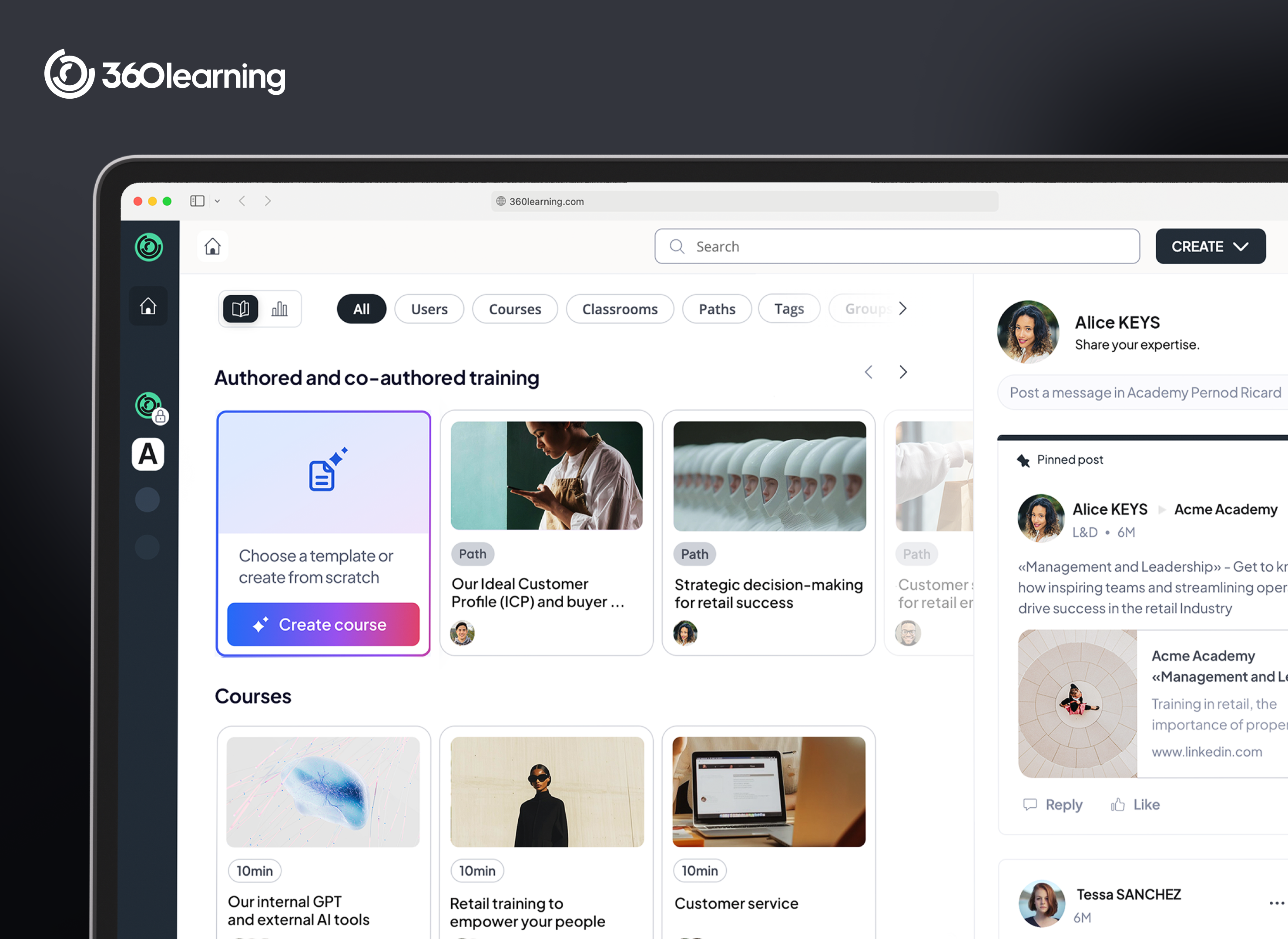360Learning collaborative learning platform showing course co-creation interface with subject matter expert authoring tools, peer reaction panel, and cohort analytics