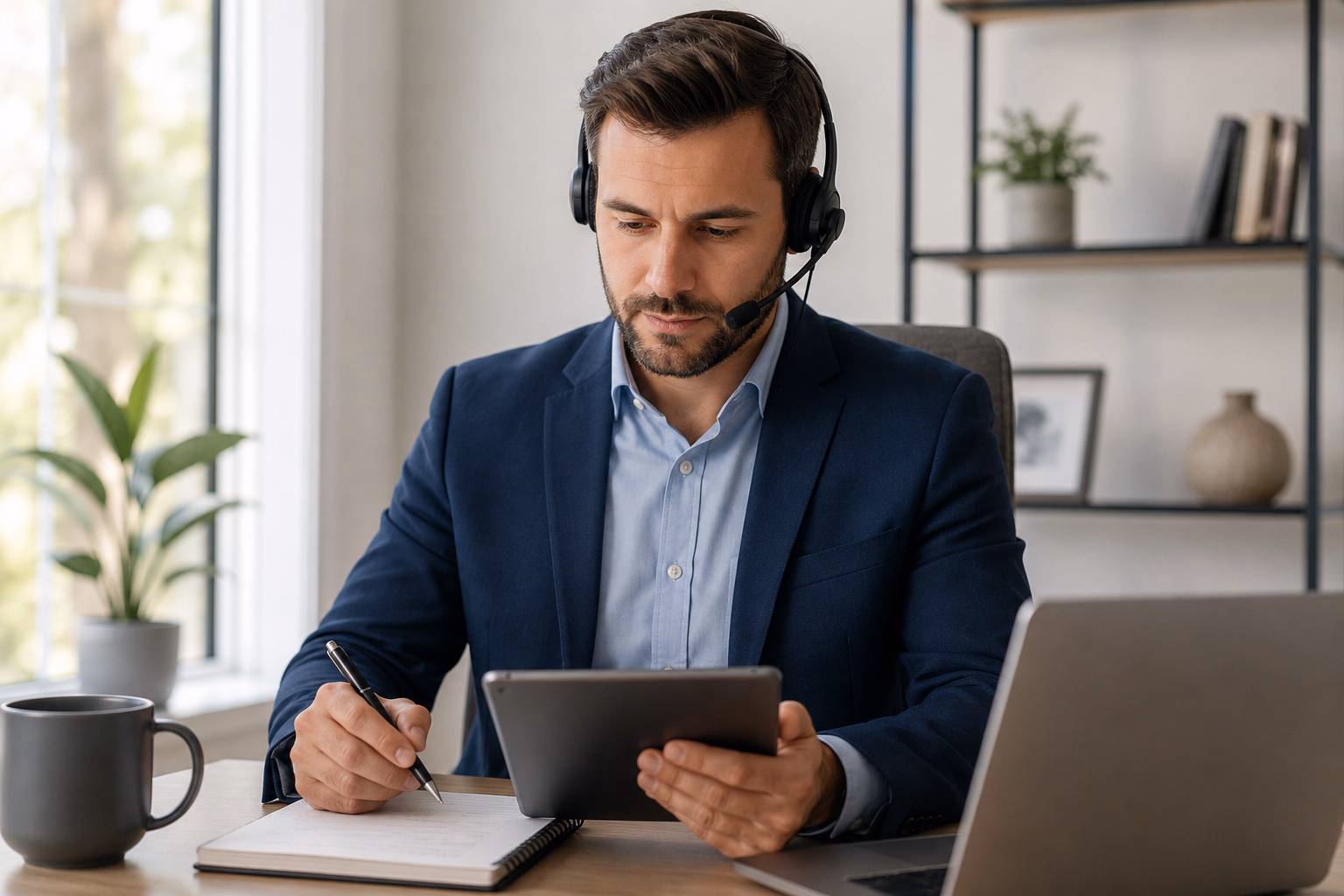 Life insurance agent reviewing a sales script framework before a prospecting call