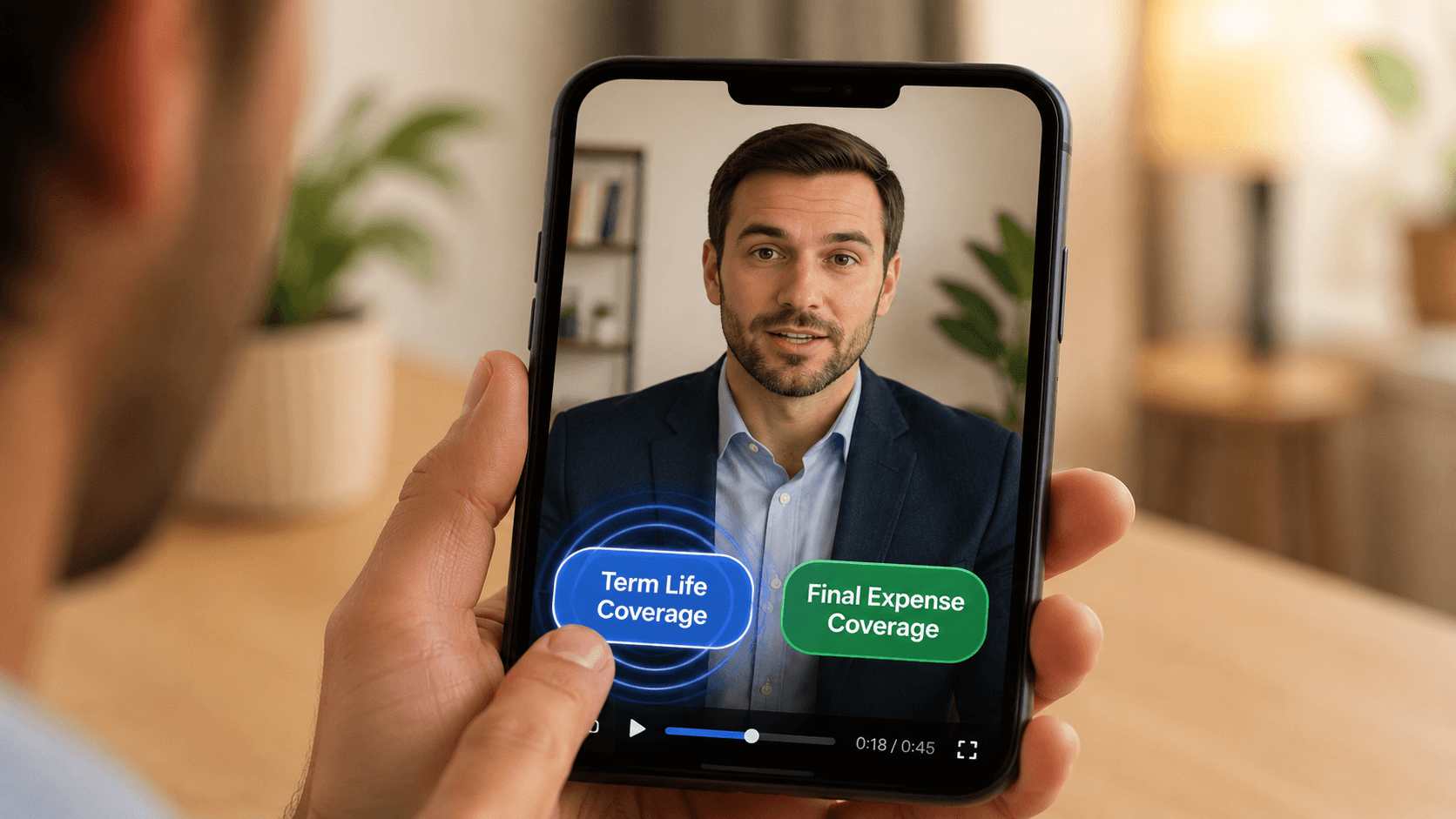 A prospect watching a personalized life insurance video on their phone, with two interactive branch buttons visible on screen letting them choose between term life and final expense coverage.