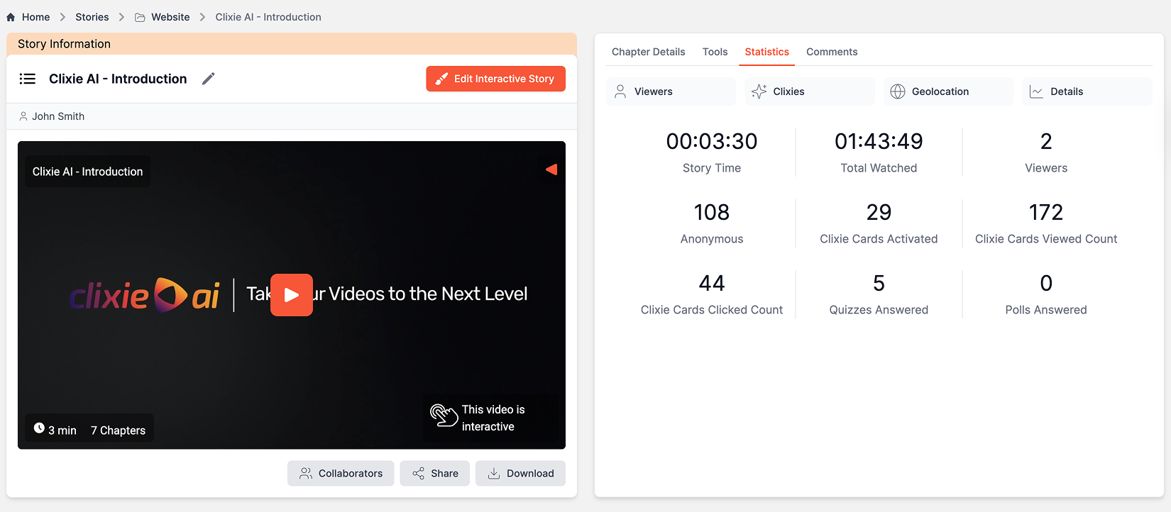 Clixie AI publishing and analytics screen showing SCORM tracking, quiz scores, completion status, watch time, and learner attempts.