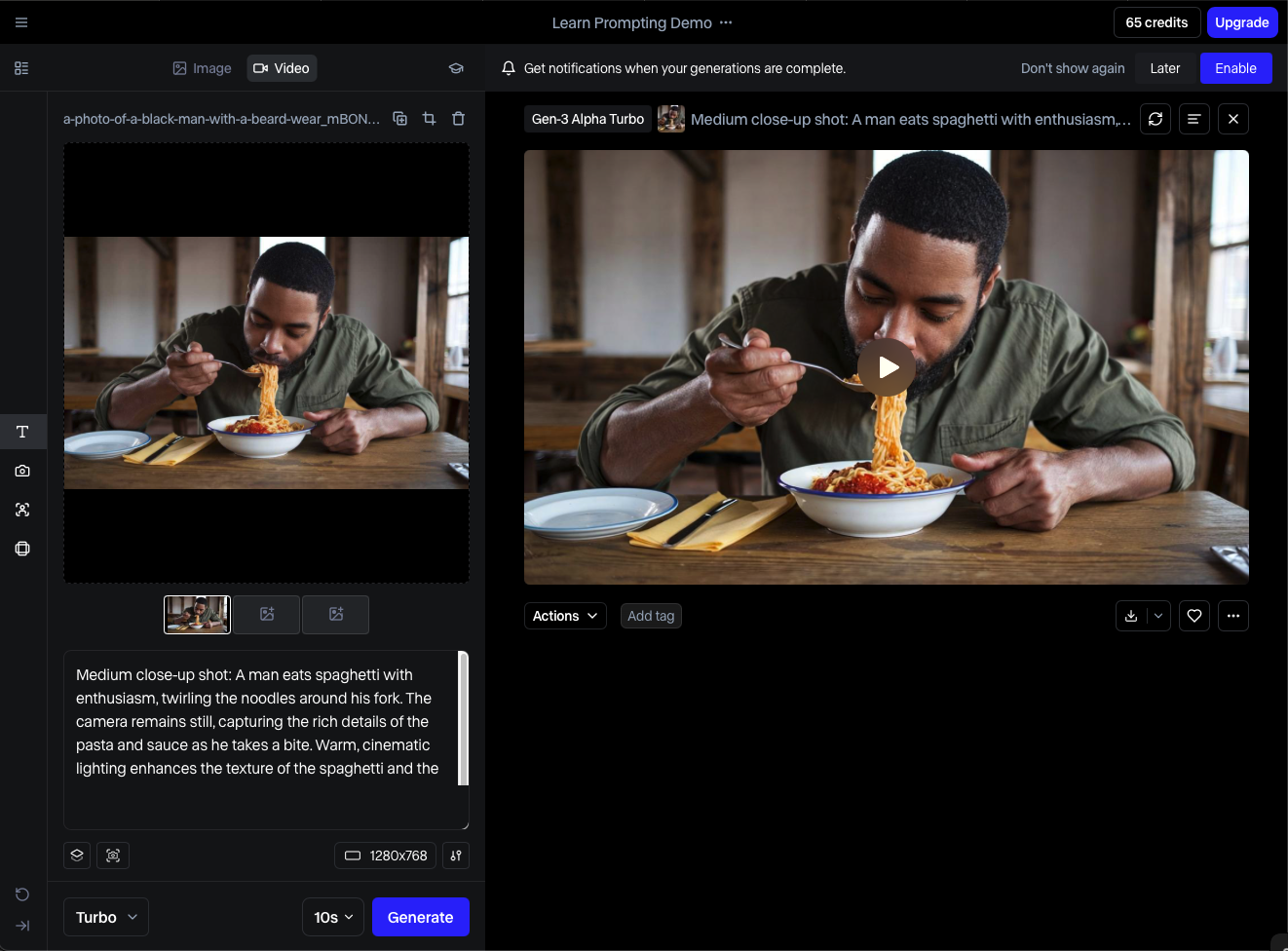 Screenshot of the Runway AI video generation platform showing a Gen-3 Alpha Turbo project. The interface includes an uploaded source image, text prompt panel, generation settings, video preview player, timeline thumbnails, and export controls for creating AI-generated video content.