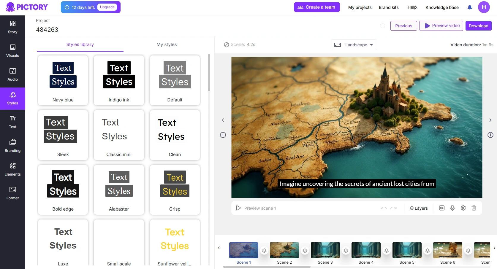 Screenshot of the Pictory AI video creation platform displaying a blog-to-video workflow. The interface includes a text-based article input, automatically generated video scenes, stock footage suggestions, editable captions, timeline controls, and export options for transforming written content into video.