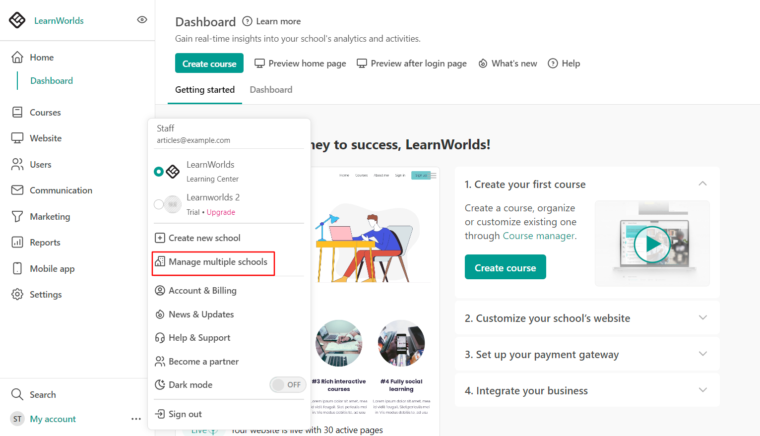 LearnWorlds course builder showing interactive video module with embedded quiz and clickable elements