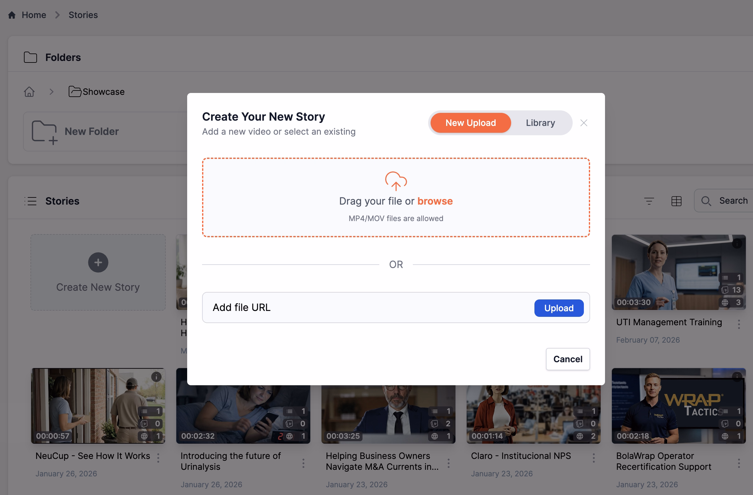 lixie AI video import interface showing a text field to paste a video URL from platforms like YouTube or Vimeo, alongside a button to upload an MP4 or MOV file directly.