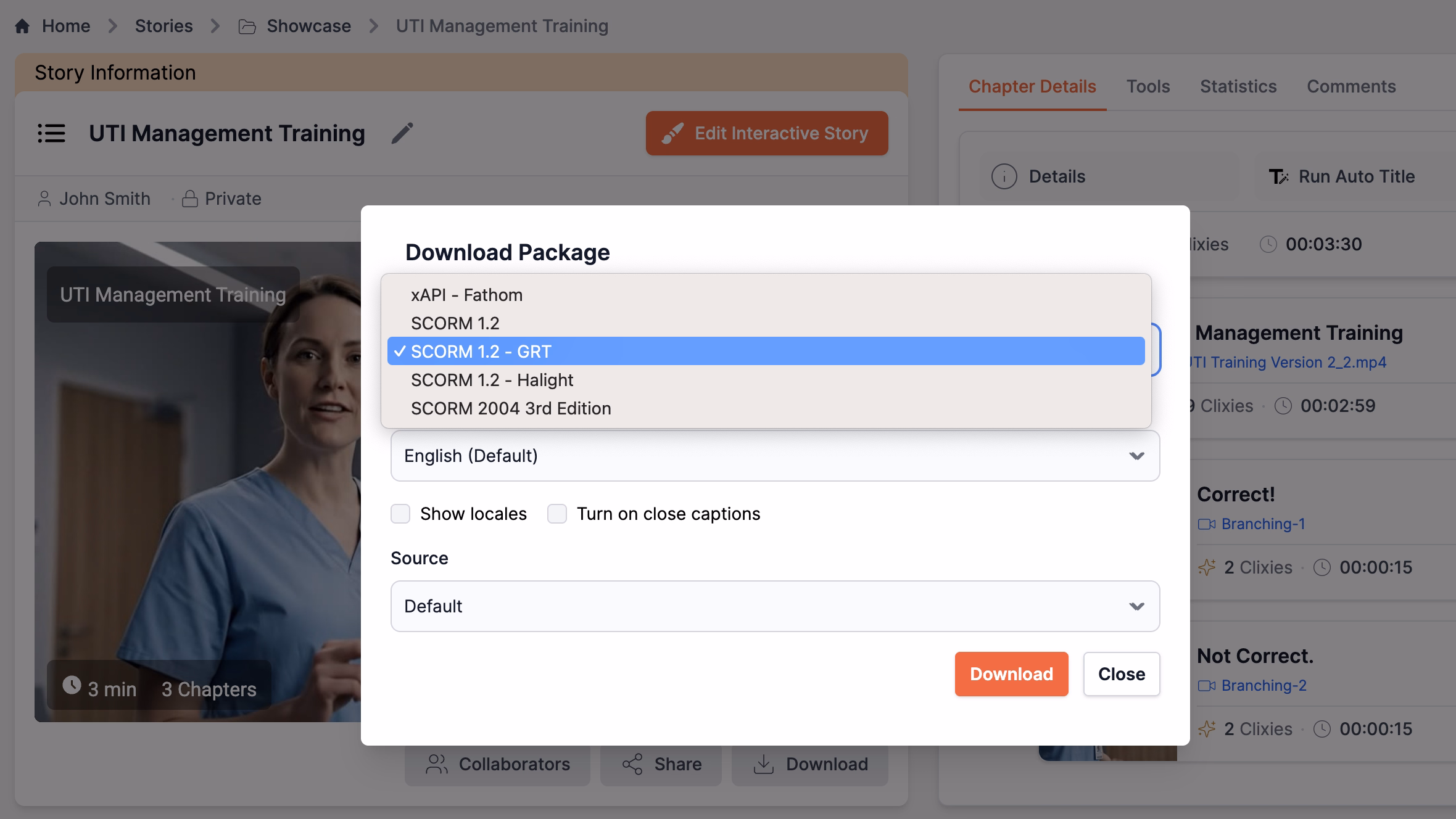 Clixie AI SCORM configuration panel featuring dropdown menus to select SCORM version 1.2 or 2004, and toggle settings to define completion triggers like watch percentage and quiz pass scores.