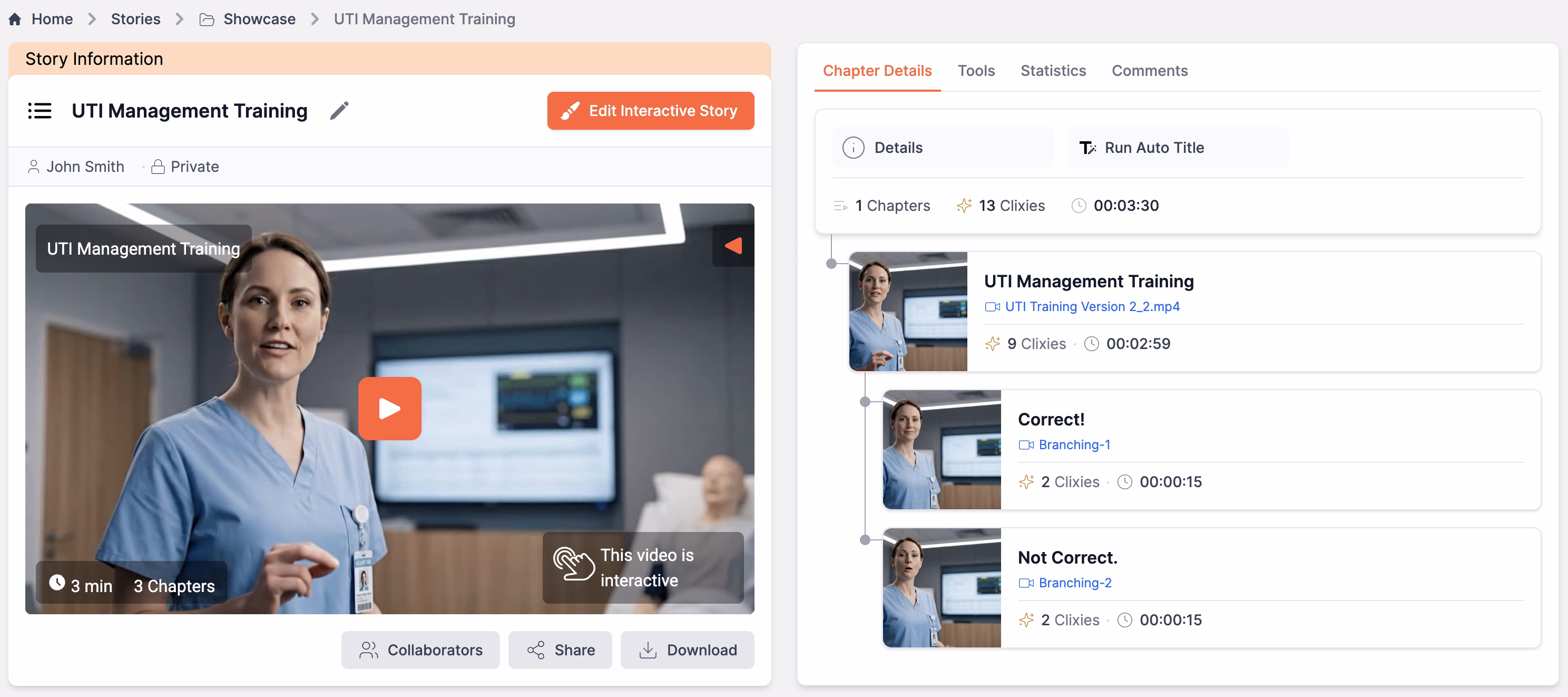 Screenshot of the Clixie AI branching tool, displaying a paused training video, timeline markers for decision points, and the menu to link different video outcomes.