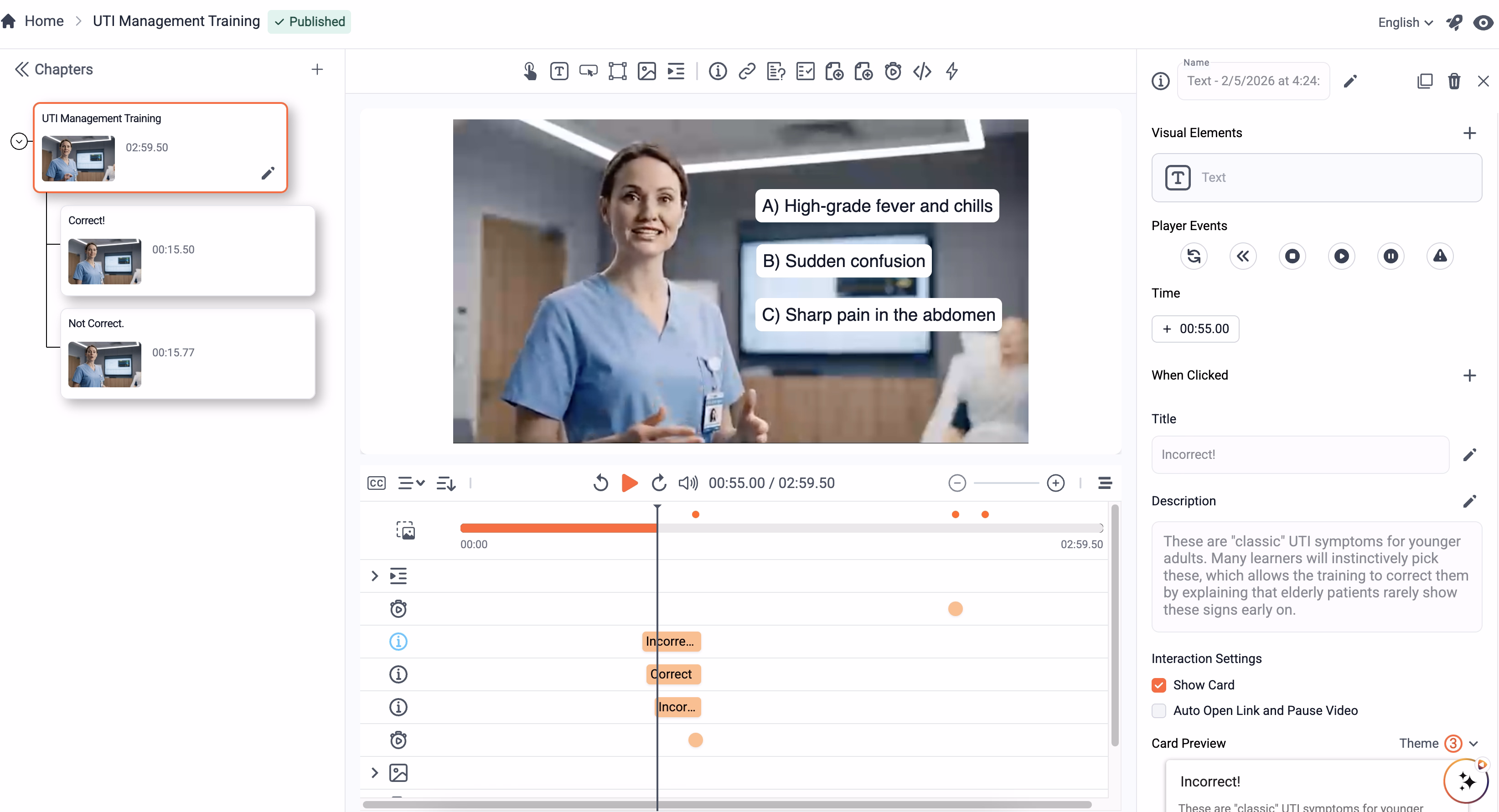 Clixie AI dashboard interface showing the video timeline editor, with a branching decision point selected and a panel for customizing choice button labels and linking consequence clips.