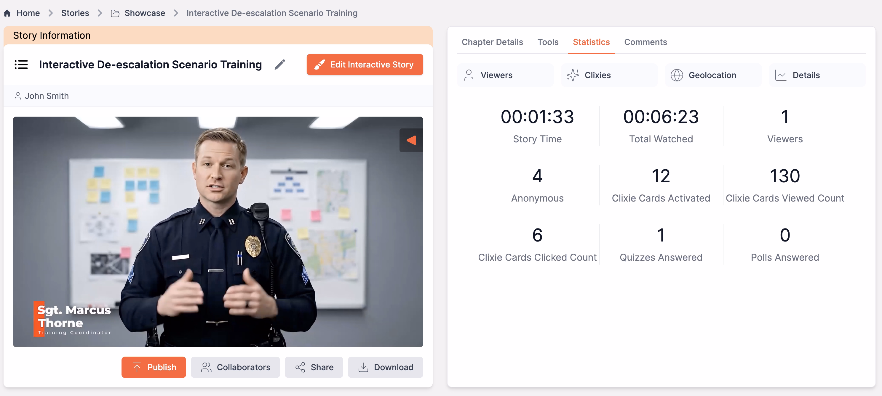 Clixie AI interactive video story dashboard showing an Interactive De-escalation Scenario Training video alongside analytics for story time, total watched time, viewers, Clixie card views, clicks, quizzes, and poll responses.