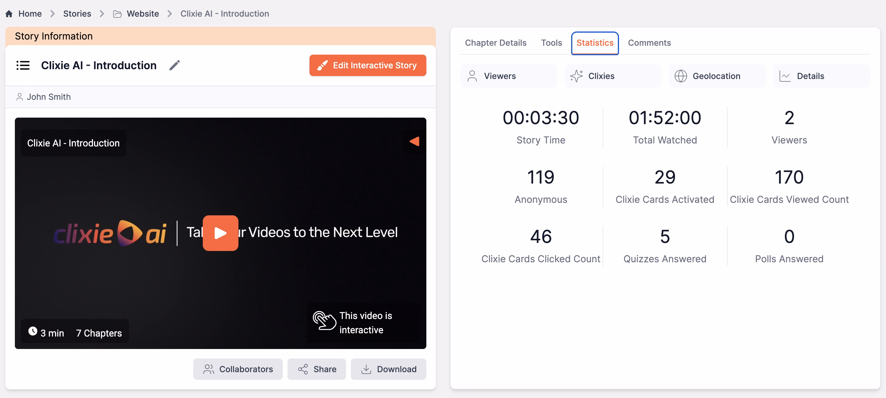 Clixie analytics dashboard displaying compliance training performance metrics, learner completion rates, quiz results, engagement trends, interaction data, branching path selections, and video-level learning analytics. The dashboard provides assurance of learning by tracking learner progress, knowledge retention, assessment outcomes, and compliance training effectiveness across individual users and training cohorts.