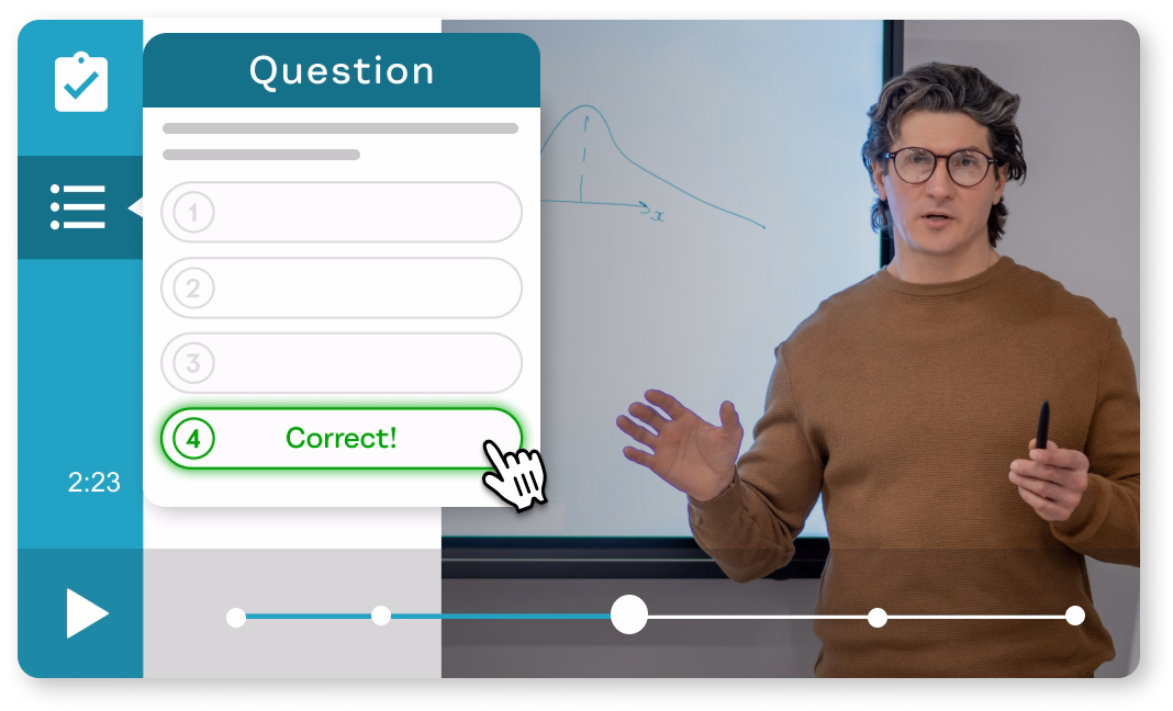 PlayPosit interactive video lesson builder displaying embedded questions, learner engagement activities, gradebook synchronization, and LMS integration settings.