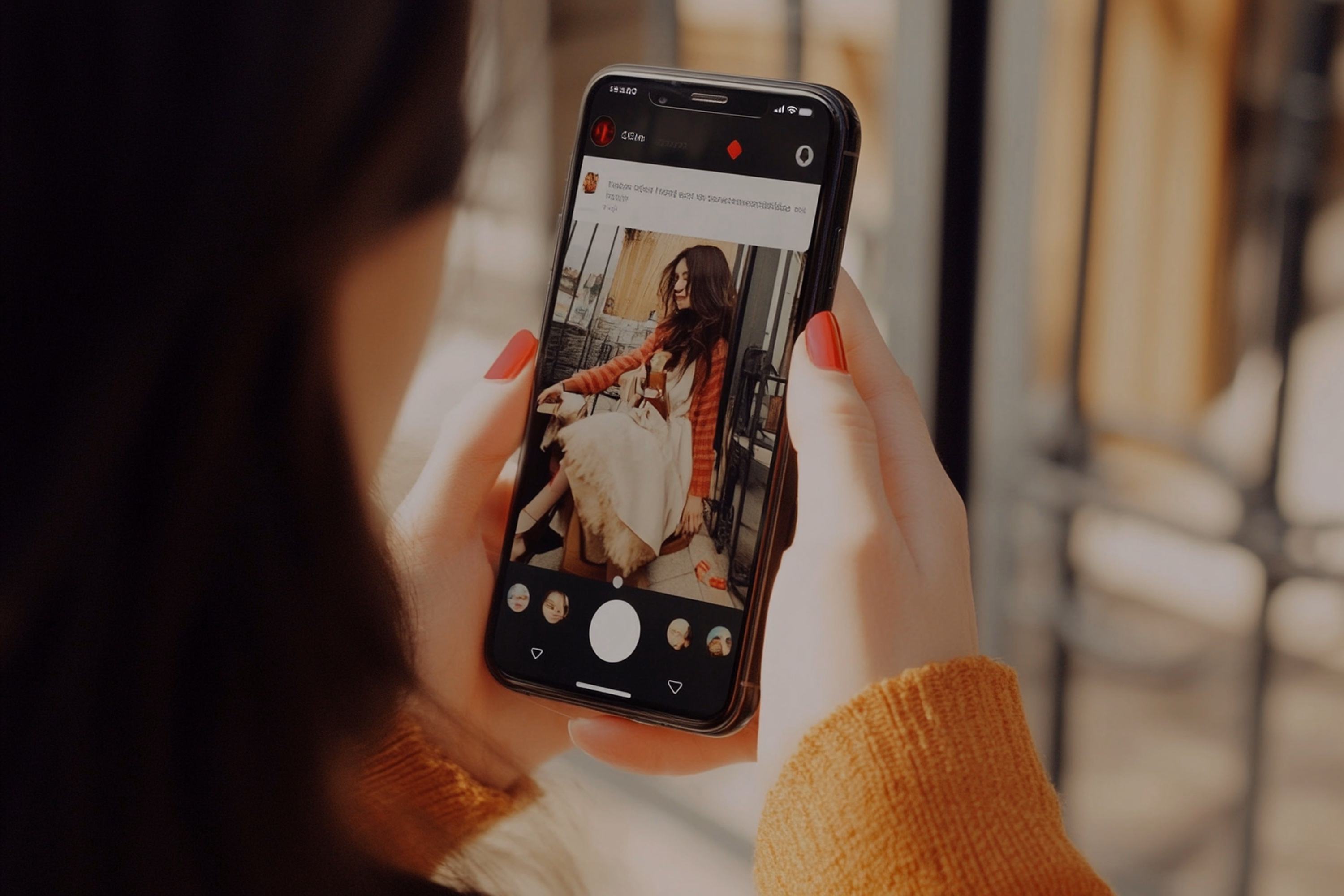 Social media manager scrolling through the Instagram feed on a mobile phone to monitor engagement signals.