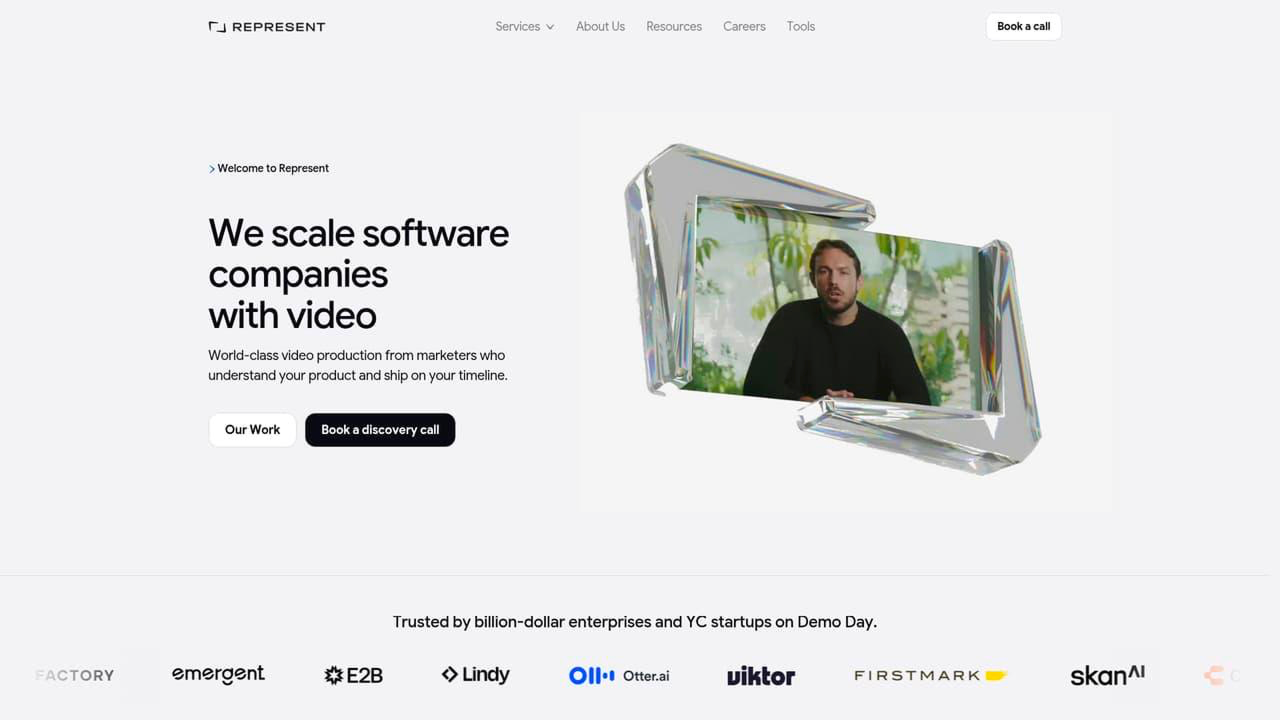 Represent Studio website showcasing SaaS and software video production services
