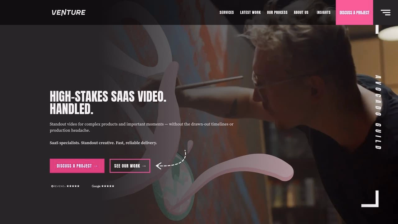 Venture Videos website promoting B2B SaaS product and launch video production