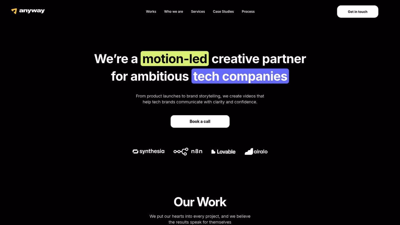 Anyway Studio website featuring motion design and product videos for technology companies