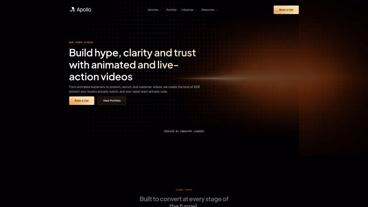 Apollo Studio website showcasing animated and live-action B2B video production services