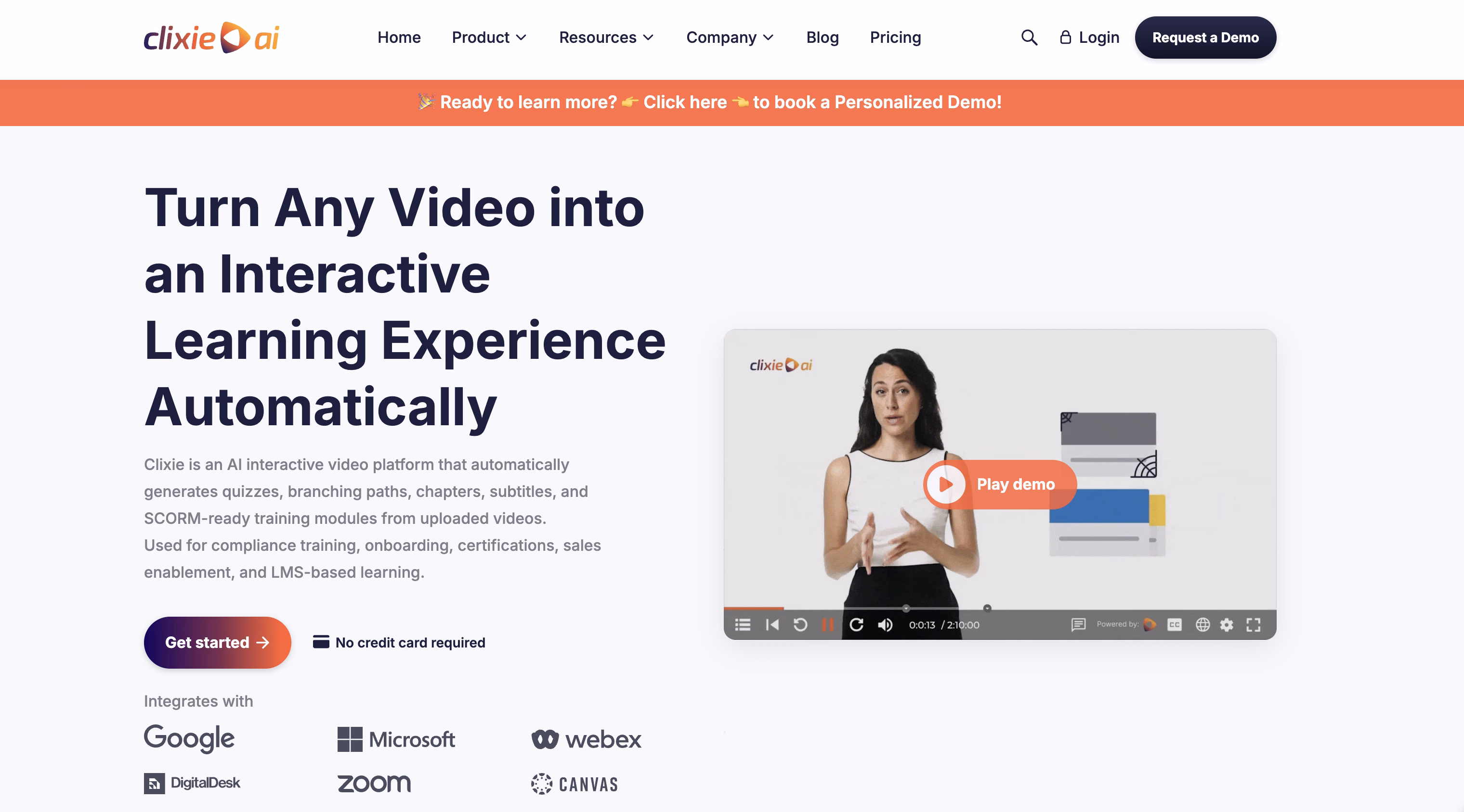 Clixie AI interactive video platform for adding quizzes, chapters, branching, and LMS tracking to existing videos