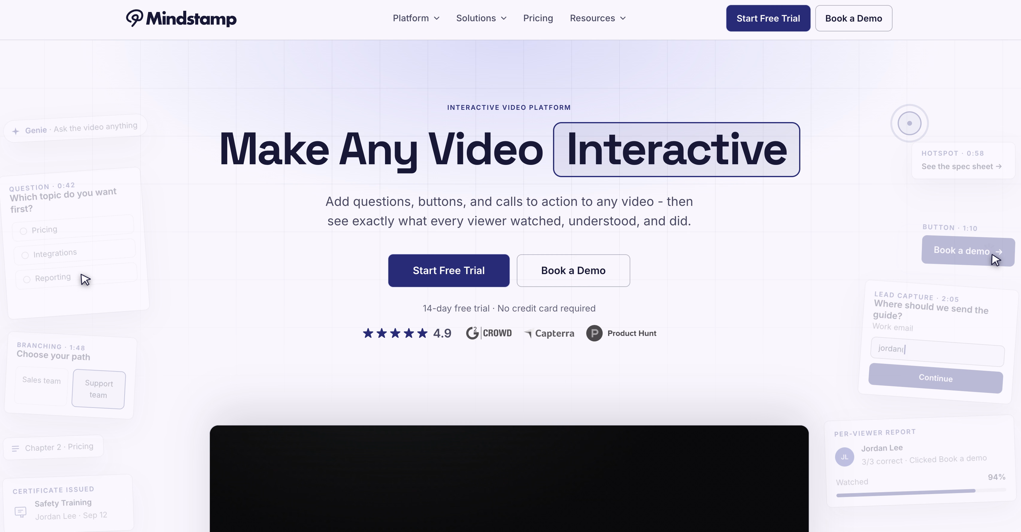 Mindstamp interactive video platform for creating clickable marketing and sales video experiences