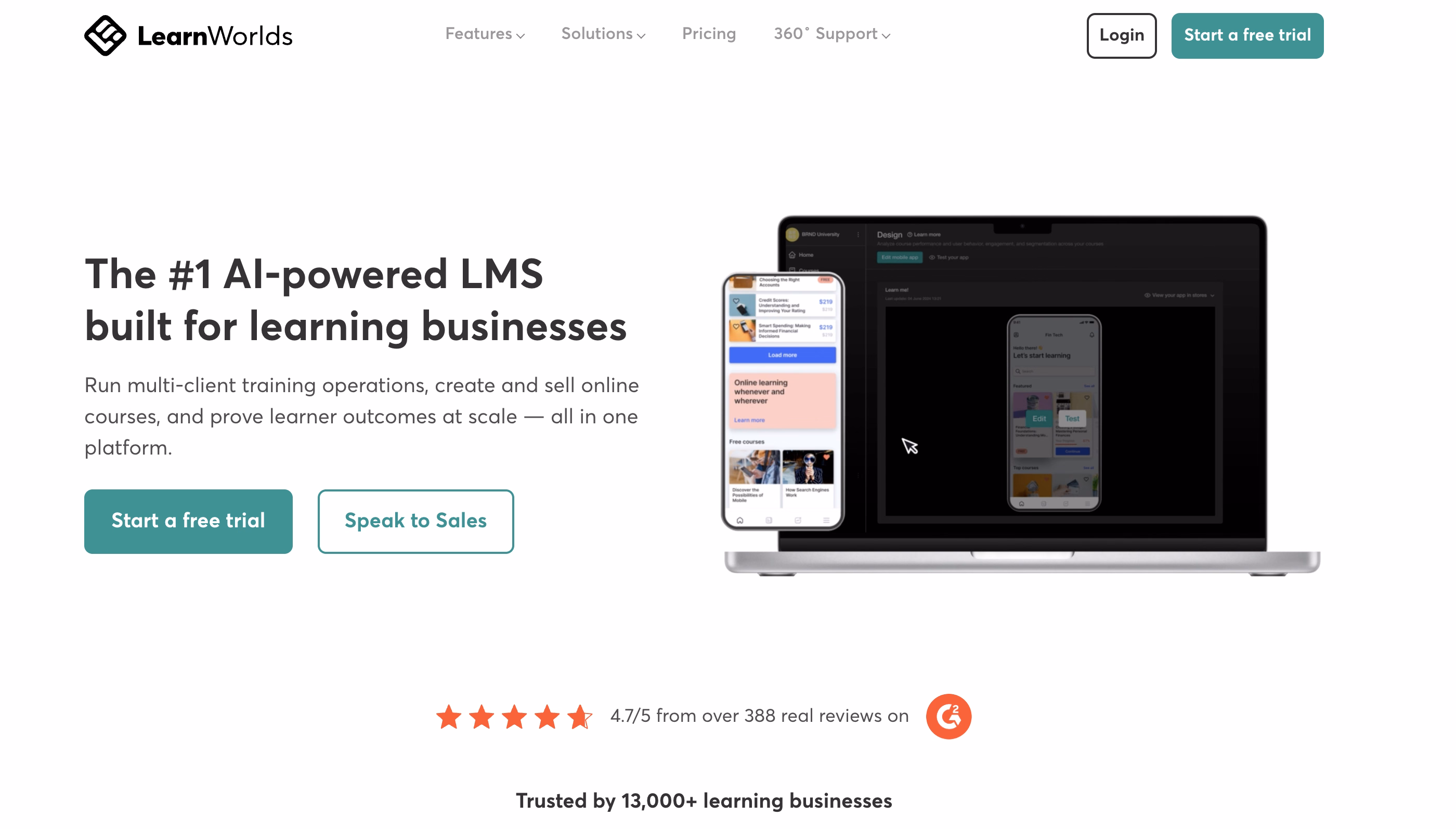 LearnWorlds course platform with interactive video, learner management, and online course selling tools