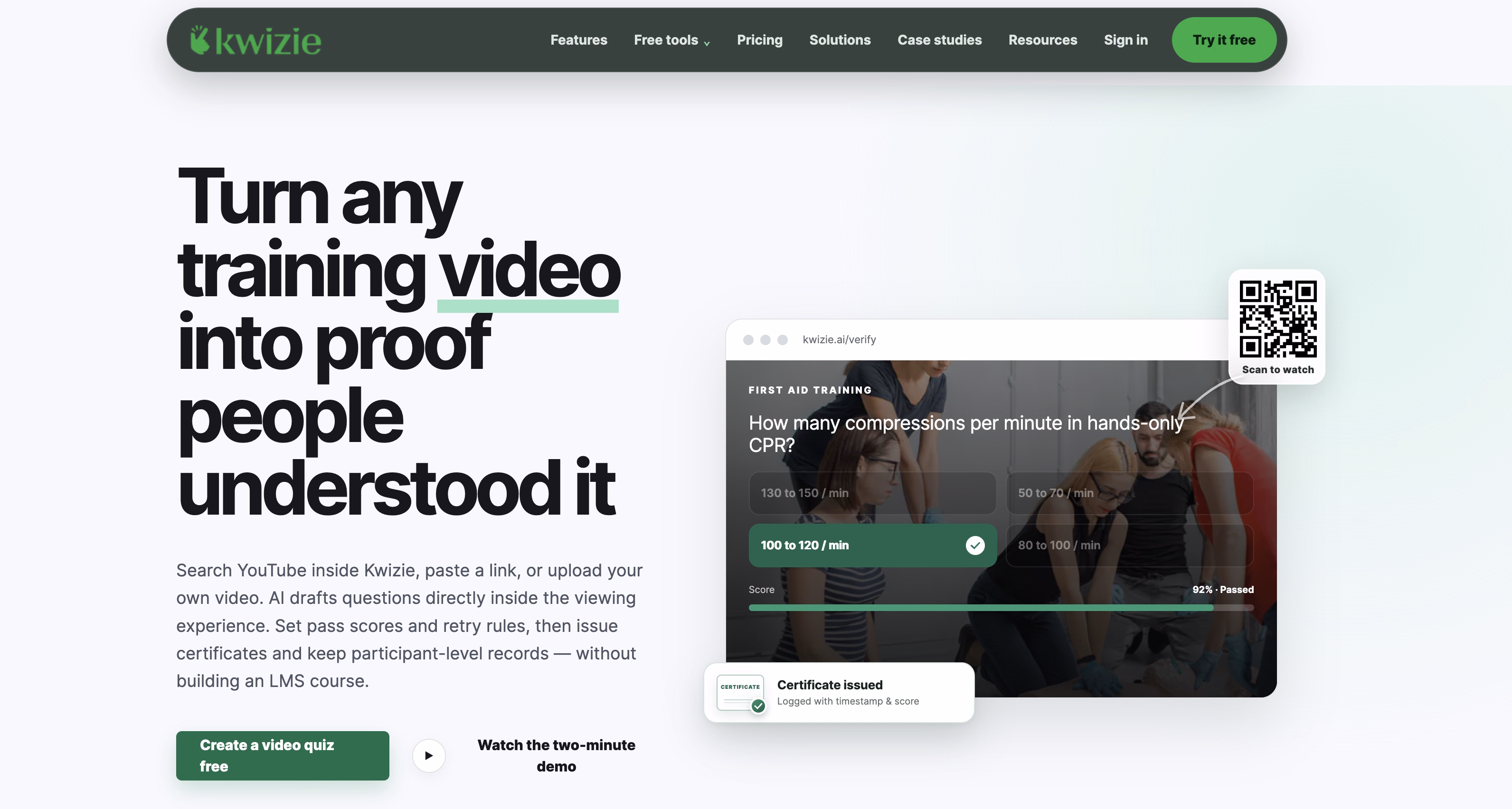 Kwizie AI video quiz platform for generating interactive quizzes, chapters, and certificates from video