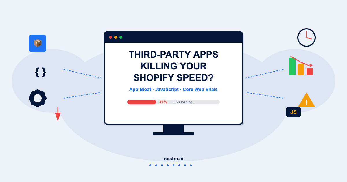 Shopify third-party apps destroying page speed - illustration with app icons, slow loading indicator, and performance metrics