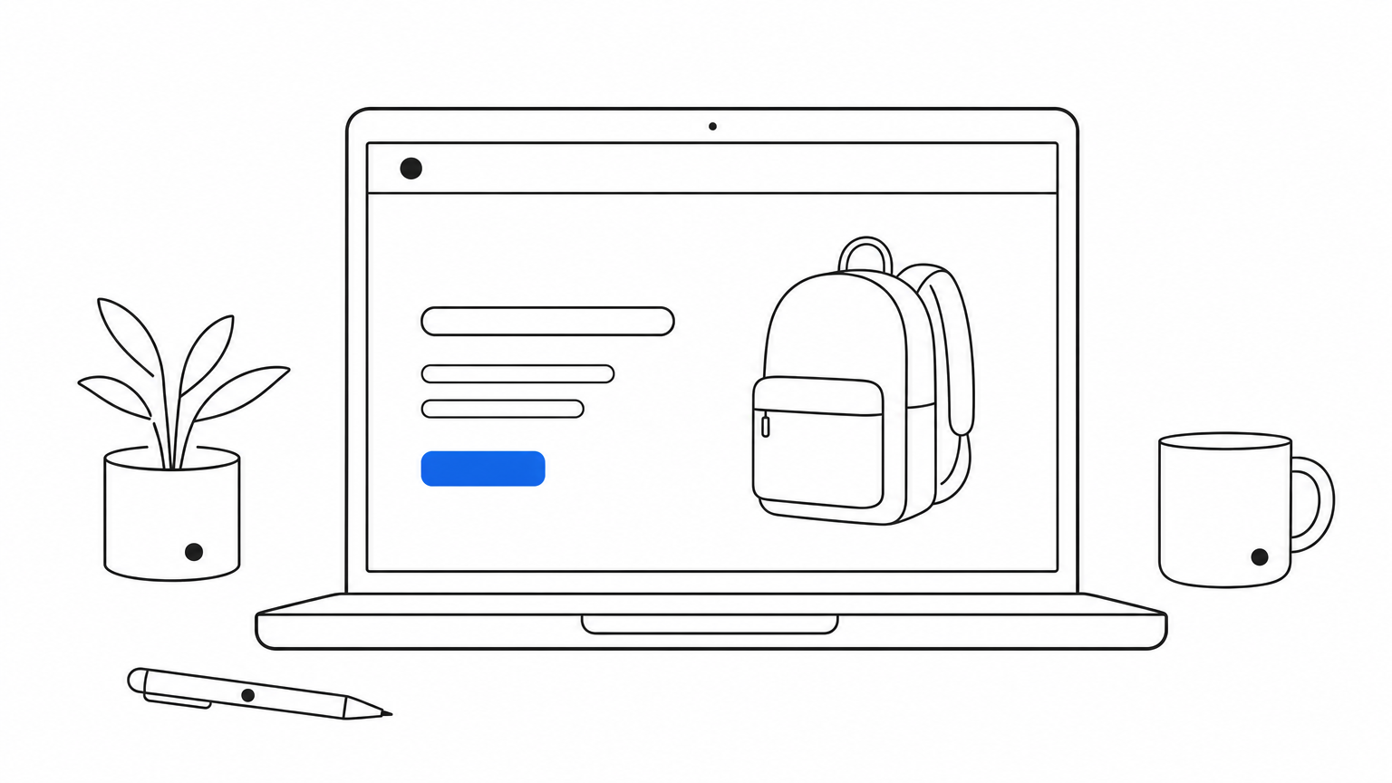 Laptop displaying a clean landing page with one headline, one product image, and one button.