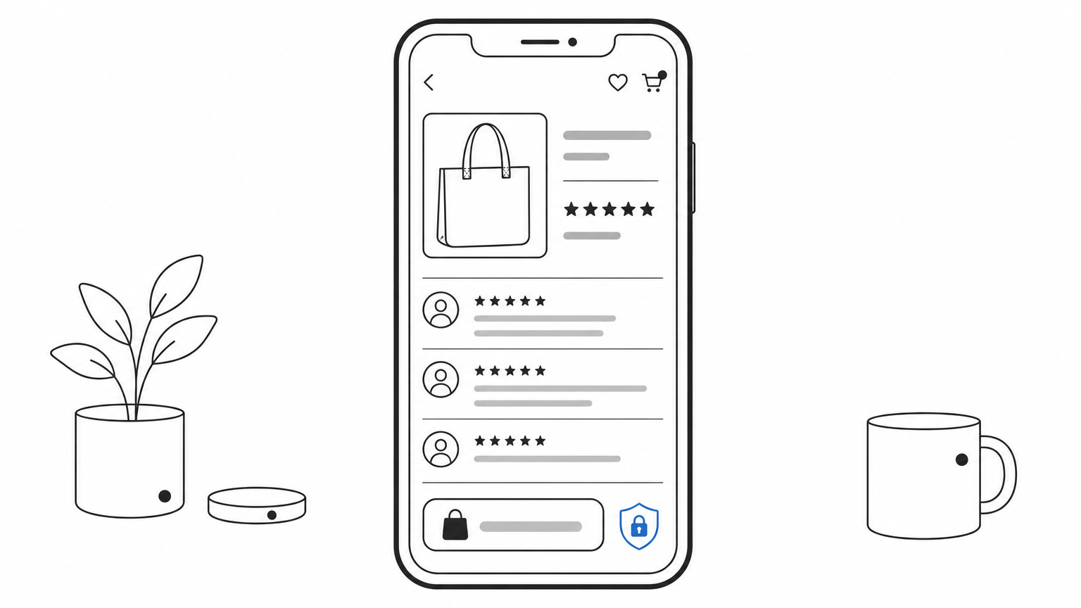 Smartphone screen showing star ratings, reviews, and a security badge on a product page.