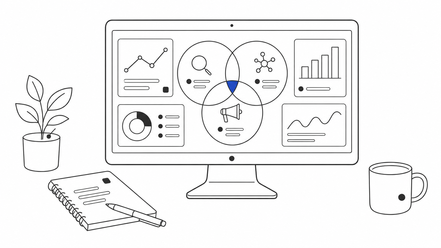 Desktop monitor displaying a multi-channel marketing dashboard on an office desk.