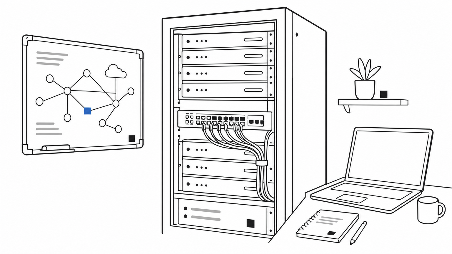 Whiteboard with network node diagrams next to a server rack and open laptop.