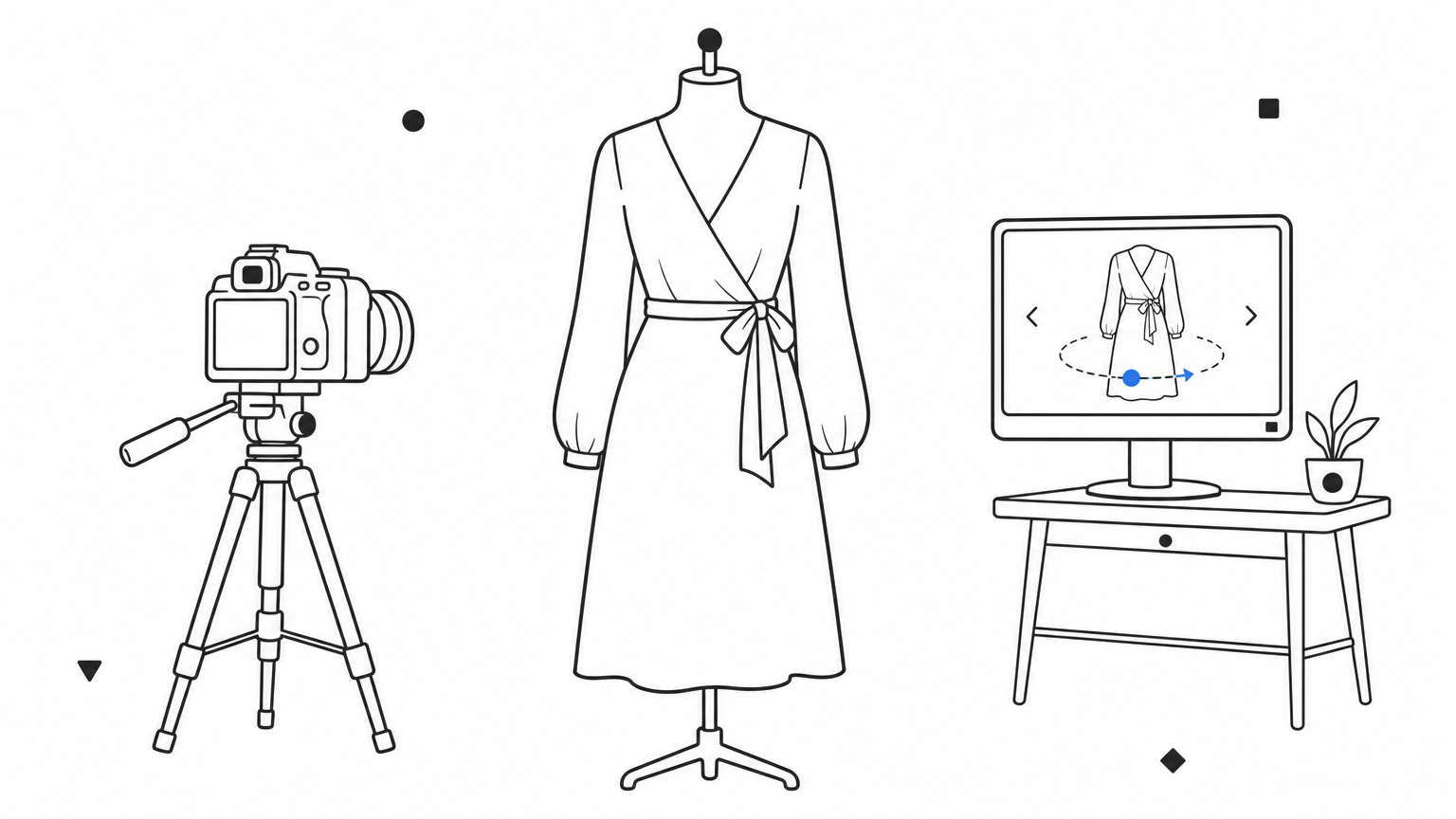A camera and tripod photographing a garment on a mannequin beside a monitor showing a zoomed product view.