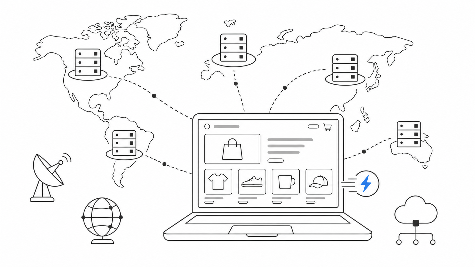 A world map showing glowing edge server nodes delivering data quickly to a laptop storefront.
