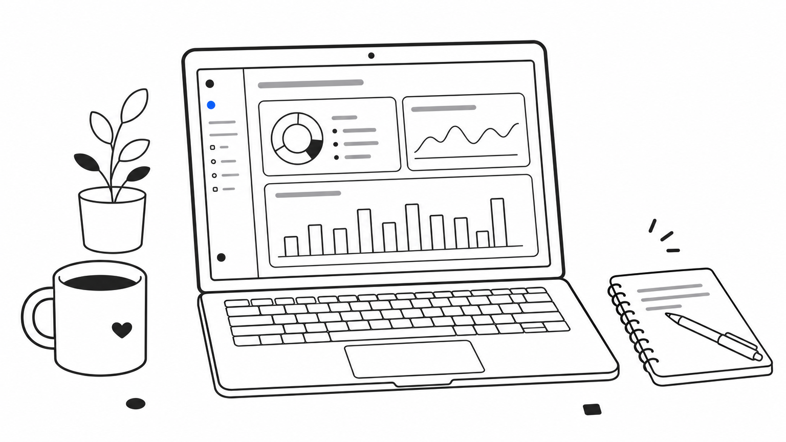 Laptop on a desk showing a brand mention tracking dashboard with charts.