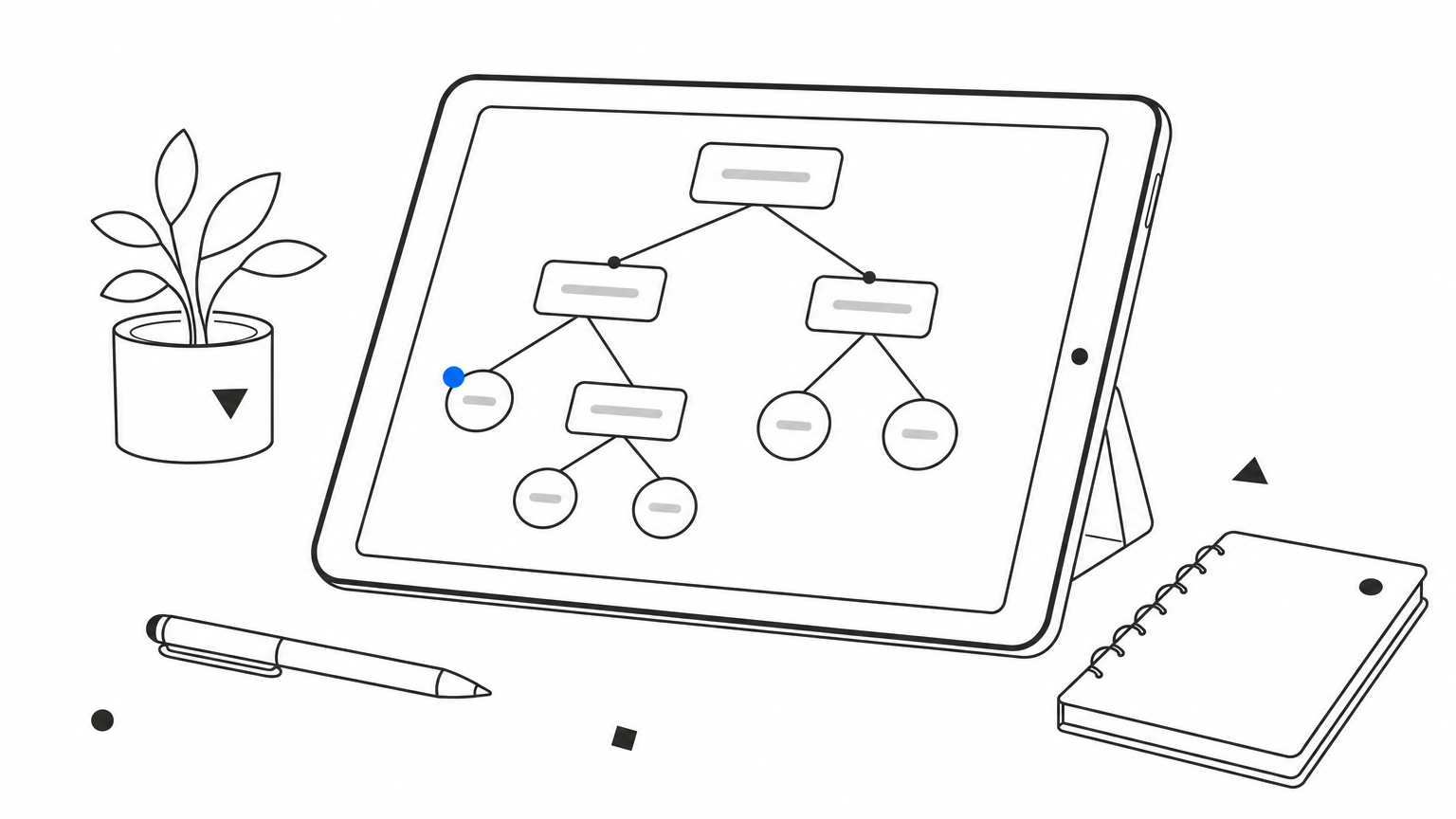 Tablet displaying a branching tree of related questions on a desk with a notebook.