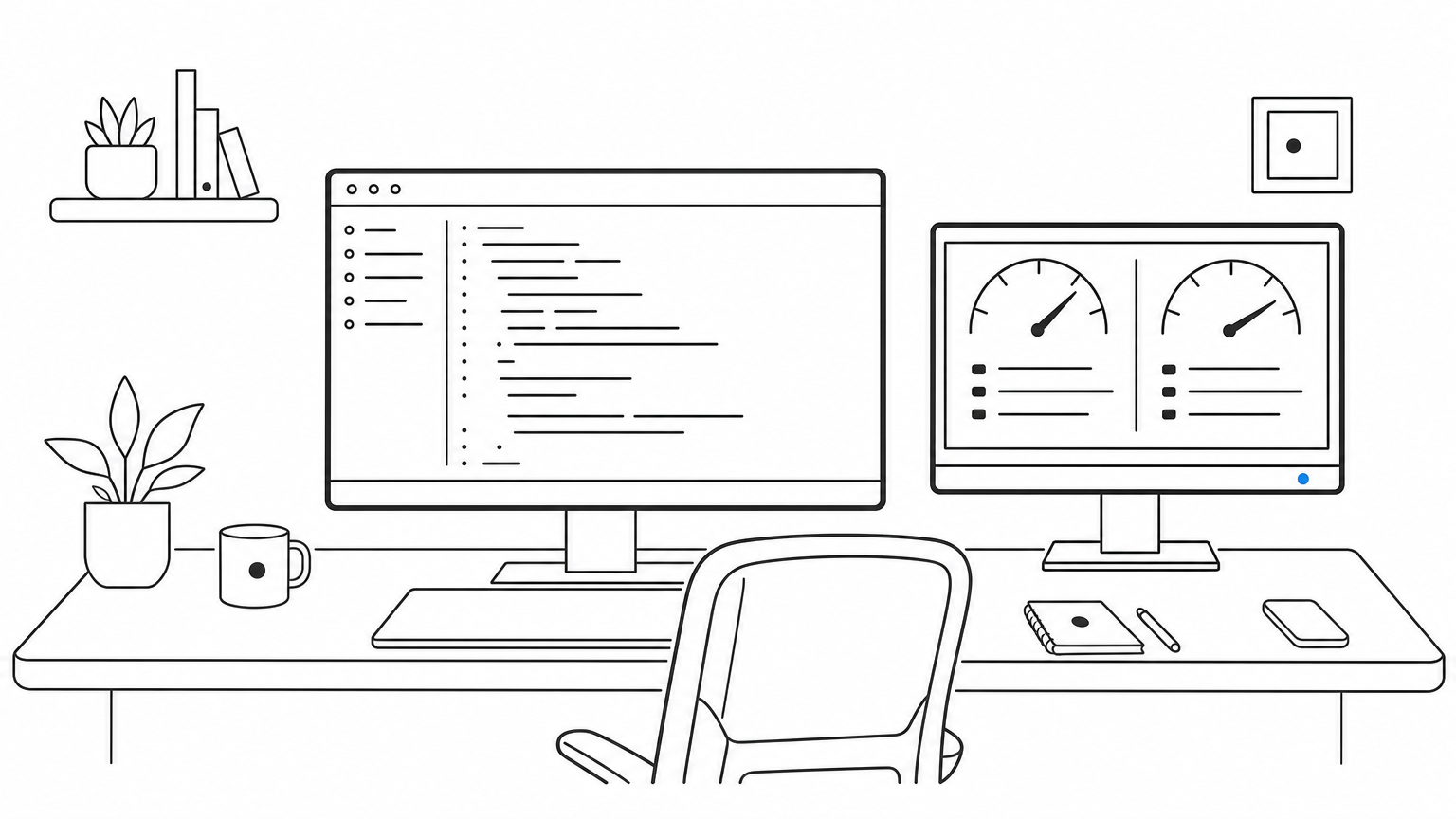 A monitor displaying edited theme code next to a second screen showing a before-and-after speed chart.