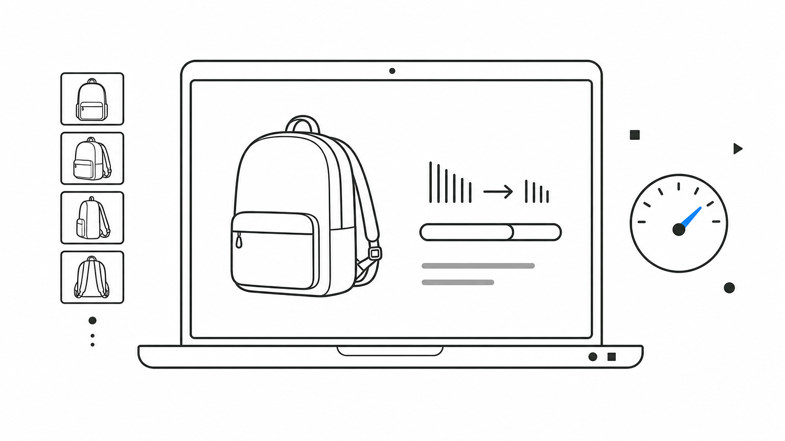 A screen showing a product photo being compressed with smaller thumbnails and a speed gauge beside it.