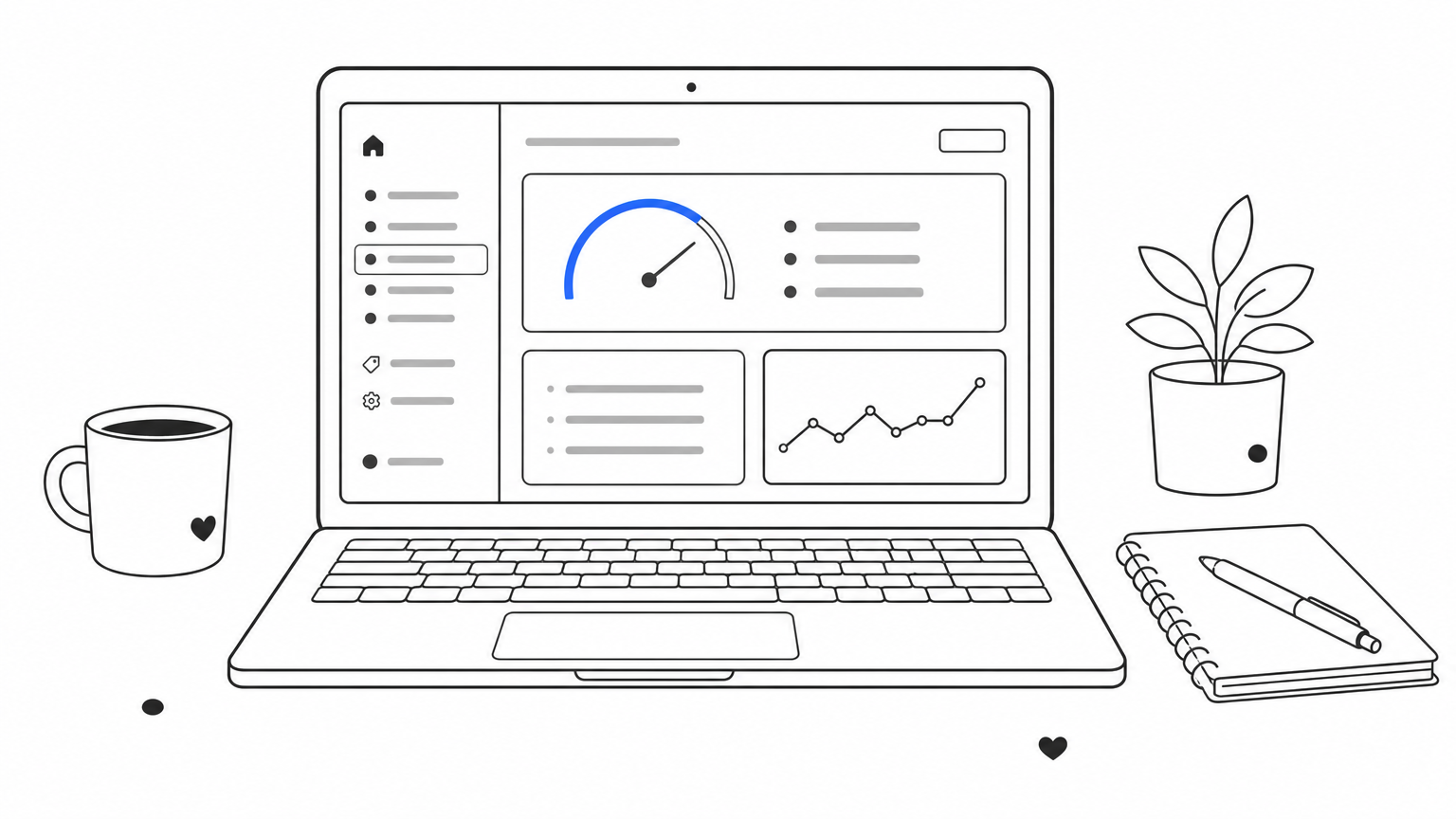 A laptop shows the Shopify admin speed report screen on a desk with a coffee cup nearby.