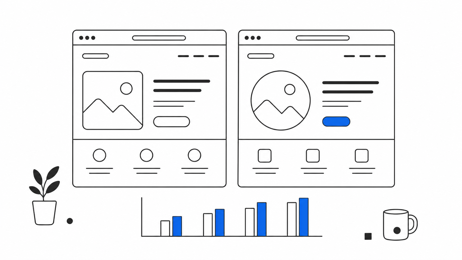 Two browser windows displaying different landing page variants next to a small comparison bar chart.