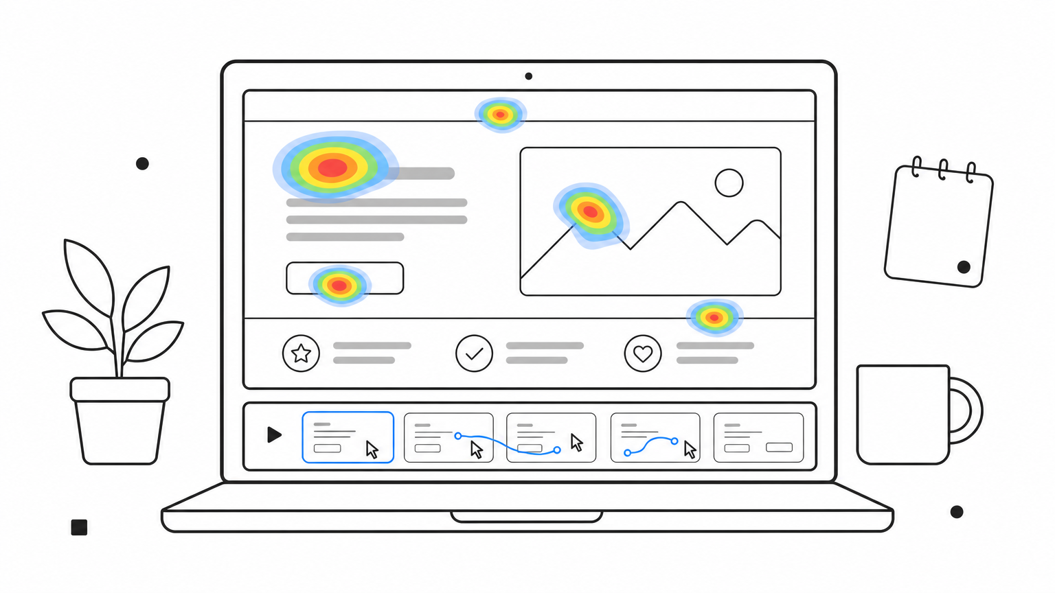 Laptop showing a heatmap overlay on a webpage next to a row of session recording thumbnails.