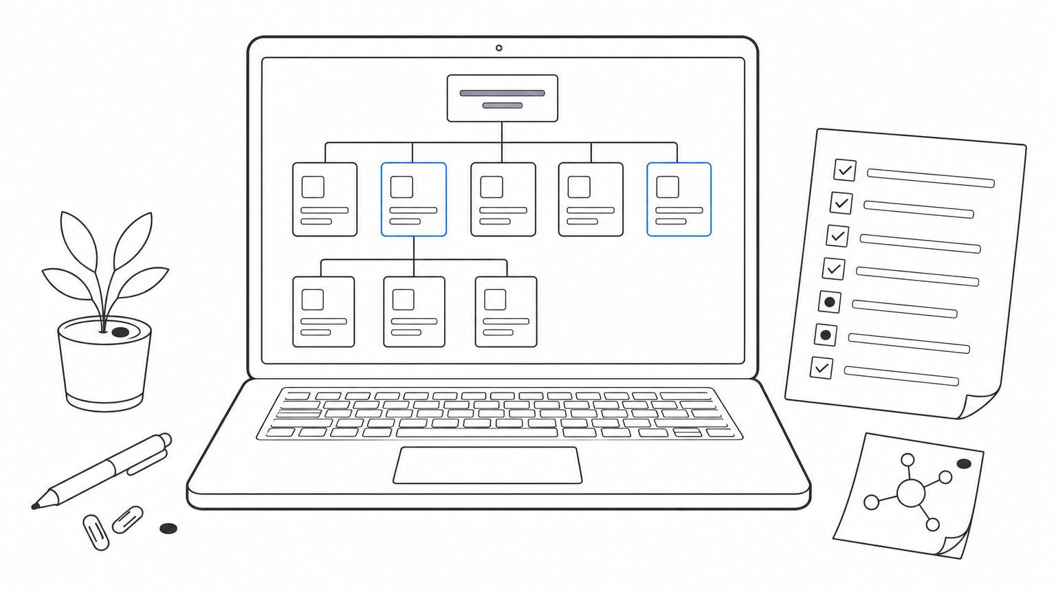Laptop displaying a site structure diagram beside a printed audit checklist and schema sticky note.