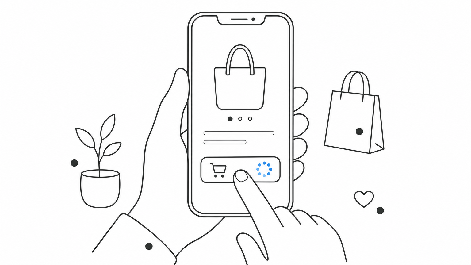 A hand taps a smartphone add-to-cart button while a loading spinner still spins.