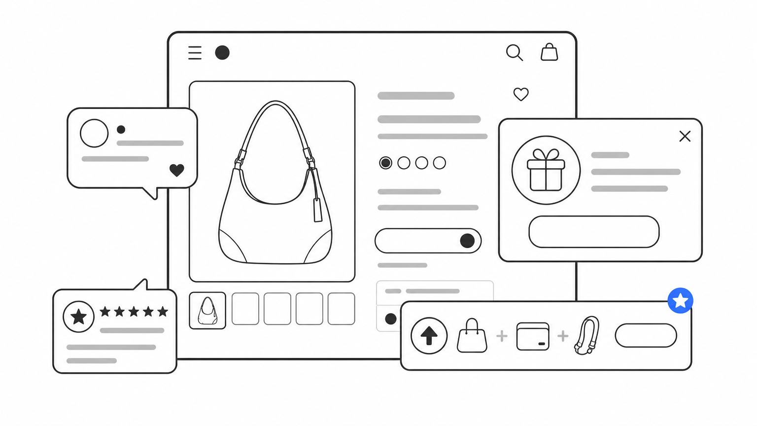 A product page cluttered with overlapping chat, review, loyalty, and upsell widgets competing for space.